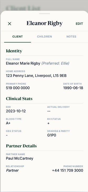 Client detail screen showing clinical information
