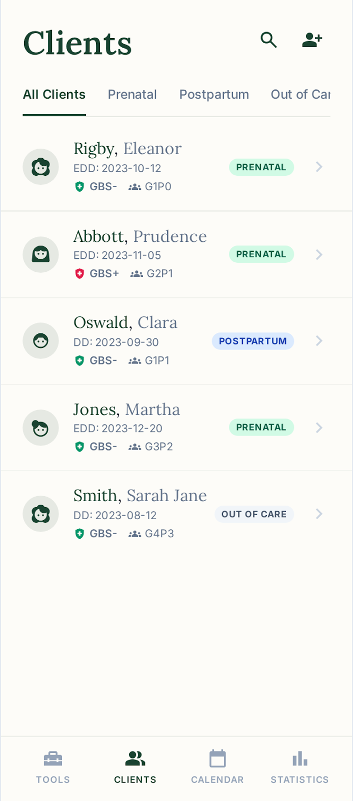 Client list screen showing prenatal and postpartum patients
